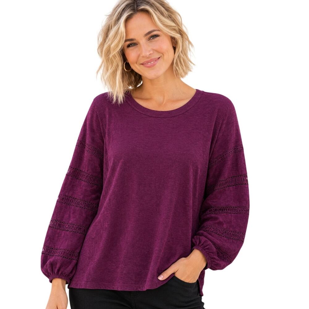 Belle Boho by Kim Gravel Slub Knit Top Womens Large Eggplant Purple Lace Trim